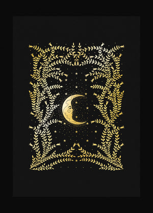 Moon Night botanical forest gold foil art print on black paper by Cocorrina & Co