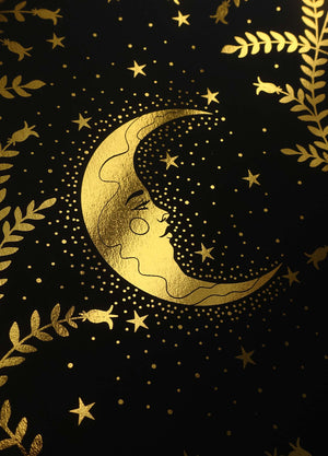 Moon Night botanical forest gold foil art print on black paper by Cocorrina & Co