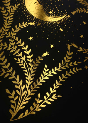 Moon Night botanical forest gold foil art print on black paper by Cocorrina & Co