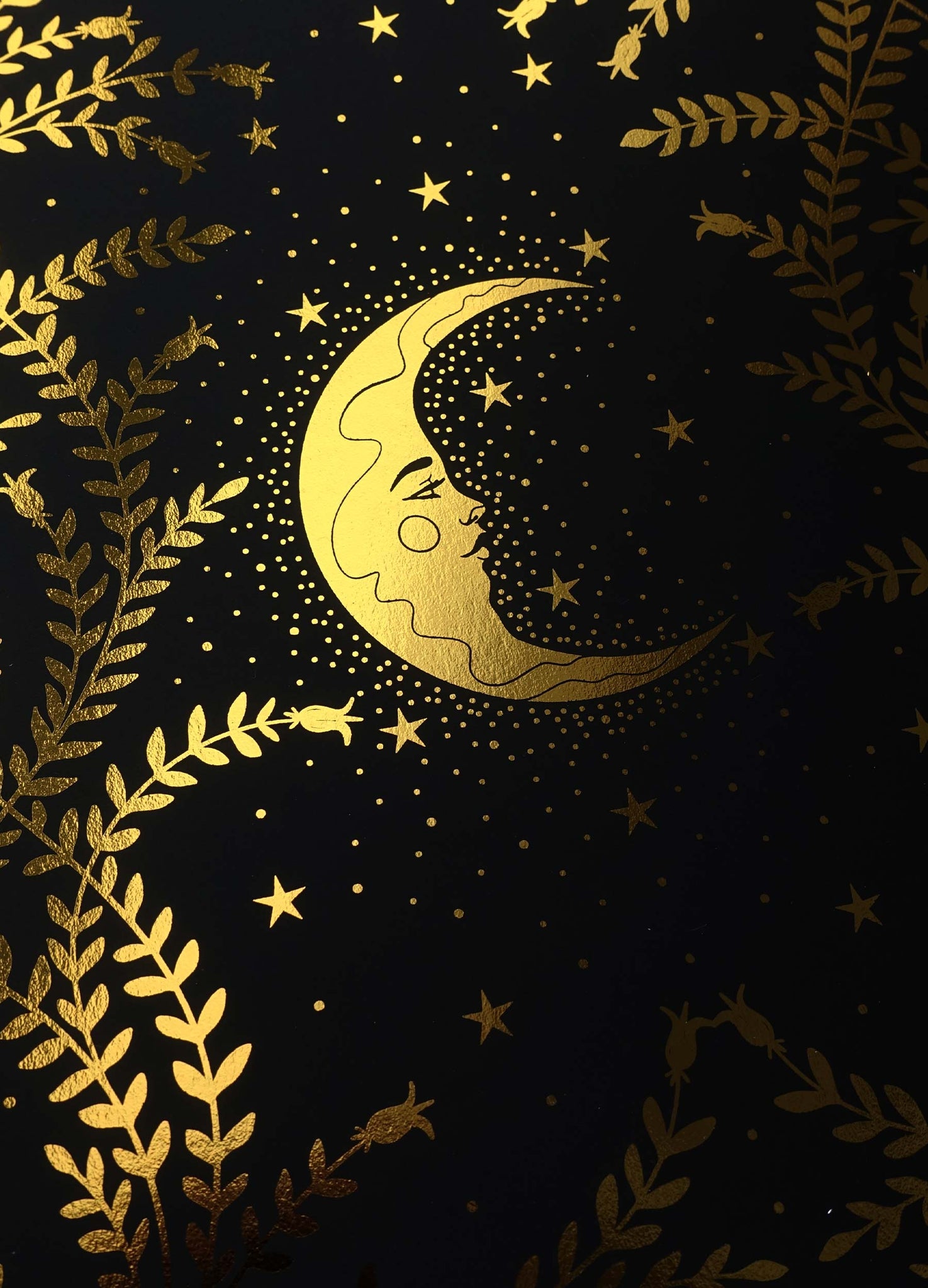 Moon Night botanical forest gold foil art print on black paper by Cocorrina & Co