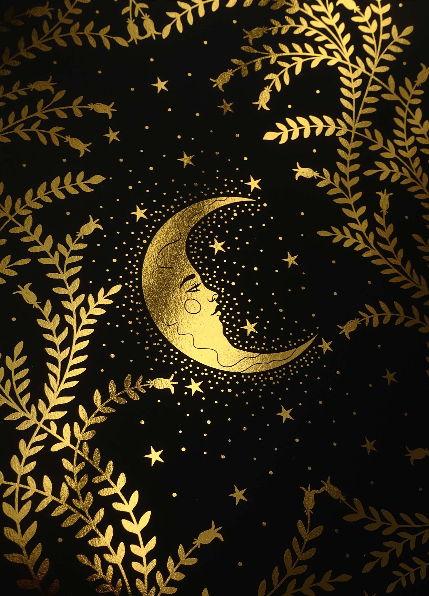Moon Night botanical forest gold foil art print on black paper by Cocorrina & Co