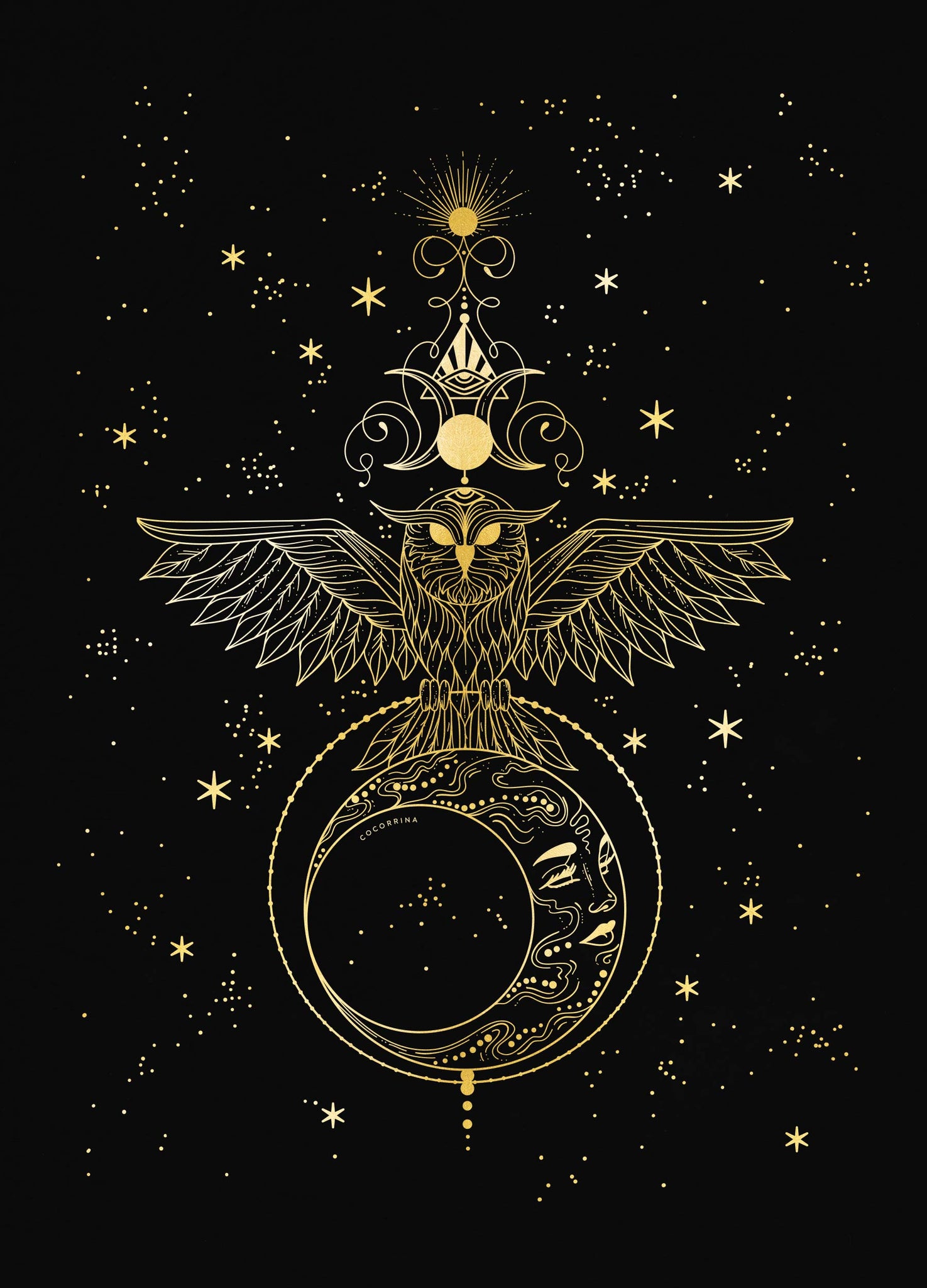 Night Priestess Owl and Moon totem gold foil art print on black paper by Cocorrina & Co