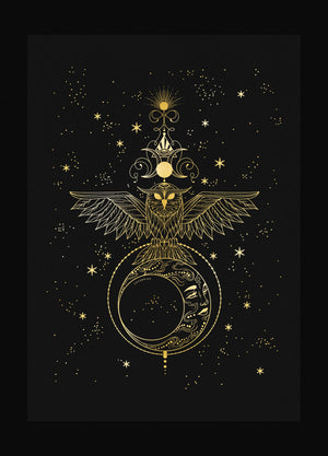 Night Priestess Owl and Moon totem gold foil art print on black paper by Cocorrina & Co