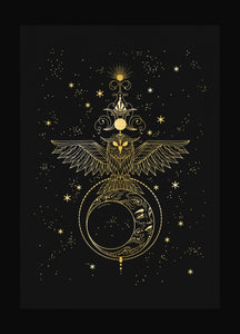 Night Priestess Owl and Moon totem gold foil art print on black paper by Cocorrina & Co