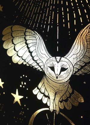 Owl Totem with Moon and Sun Print gold foil on black paper by Cocorrina & Co