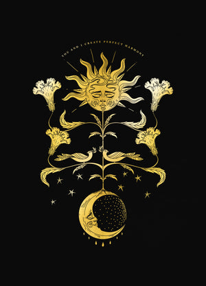 Perfect Harmony, Moon growth to the sun art print in gold foil on black paper by Cocorrina & Co