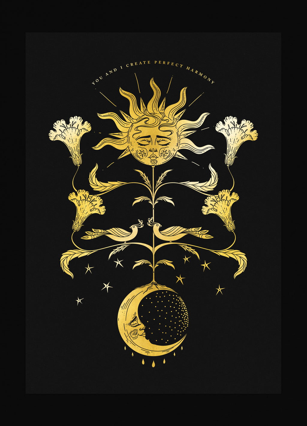 Perfect Harmony, Moon growth to the sun art print in gold foil on black paper by Cocorrina & Co