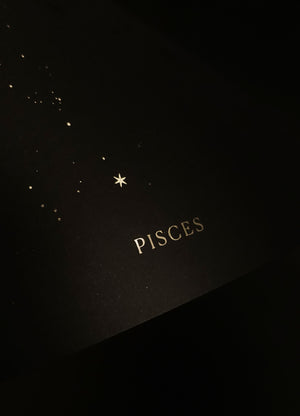 Pisces zodiac constellation gold metallic foil print on black paper by Cocorrina
