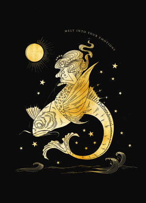 Pisces Season, Mermaid on a fish illustration with gold foil  on black paper art print by Cocorrina & Co