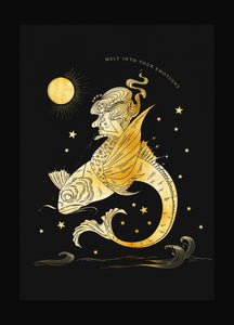 Pisces Season, Mermaid on a fish illustration with gold foil  on black paper art print by Cocorrina & Co