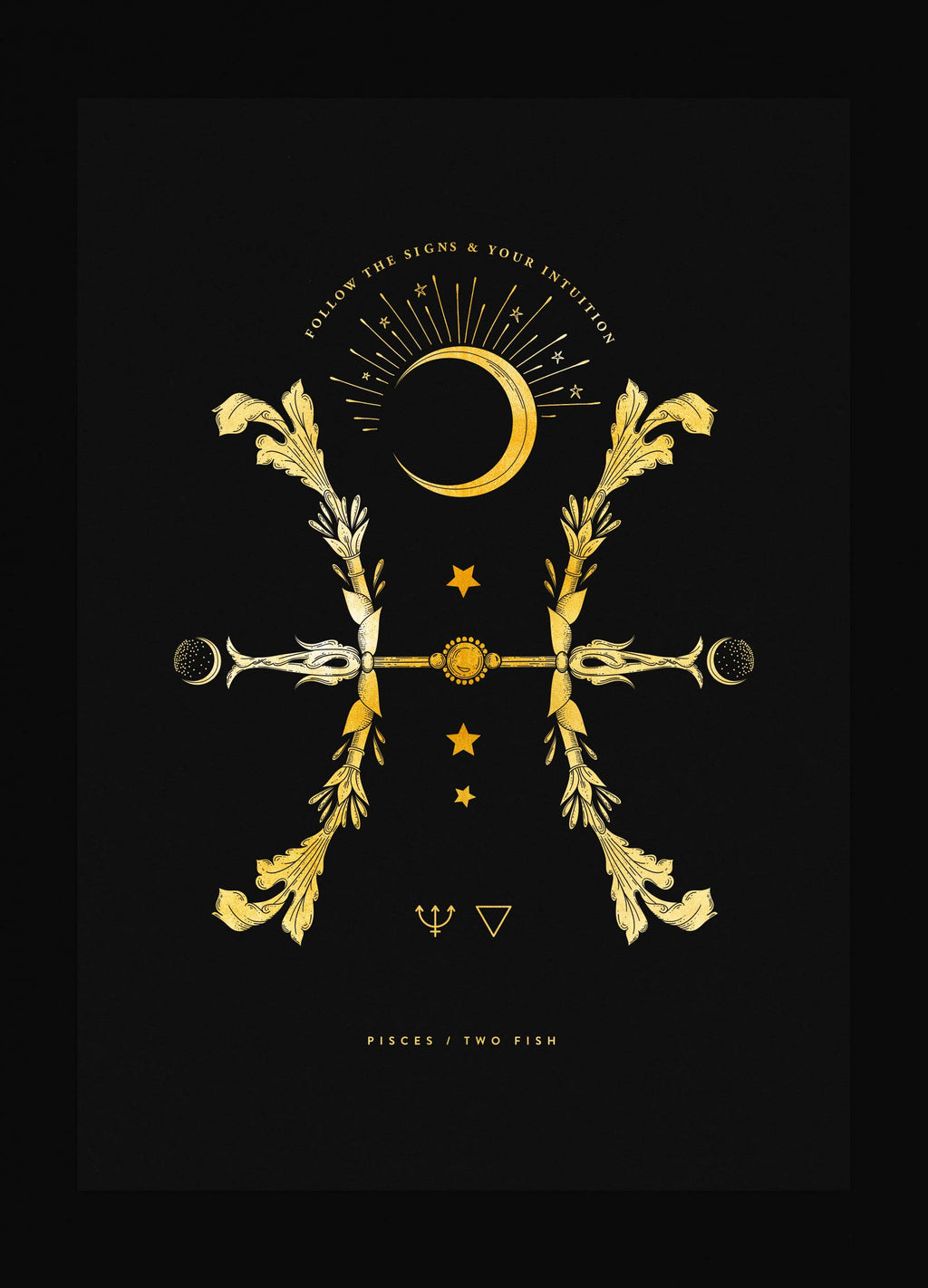 Pisces Two fish zodiac sign art print in gold foil on black paper by Cocorrina