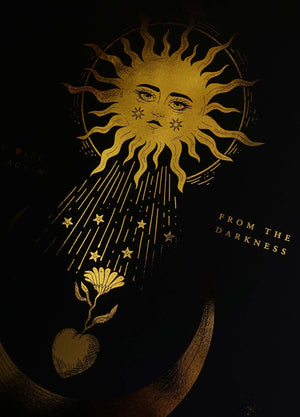 Rise from darkness, sun warming our hearts on the autumn equinox art print gold foil on black paper by Cocorrina & Co