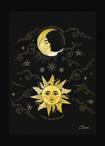 Tomorrow rises a new sun - Gold foil print with moon and sun on black paper by Cocorrina & Co