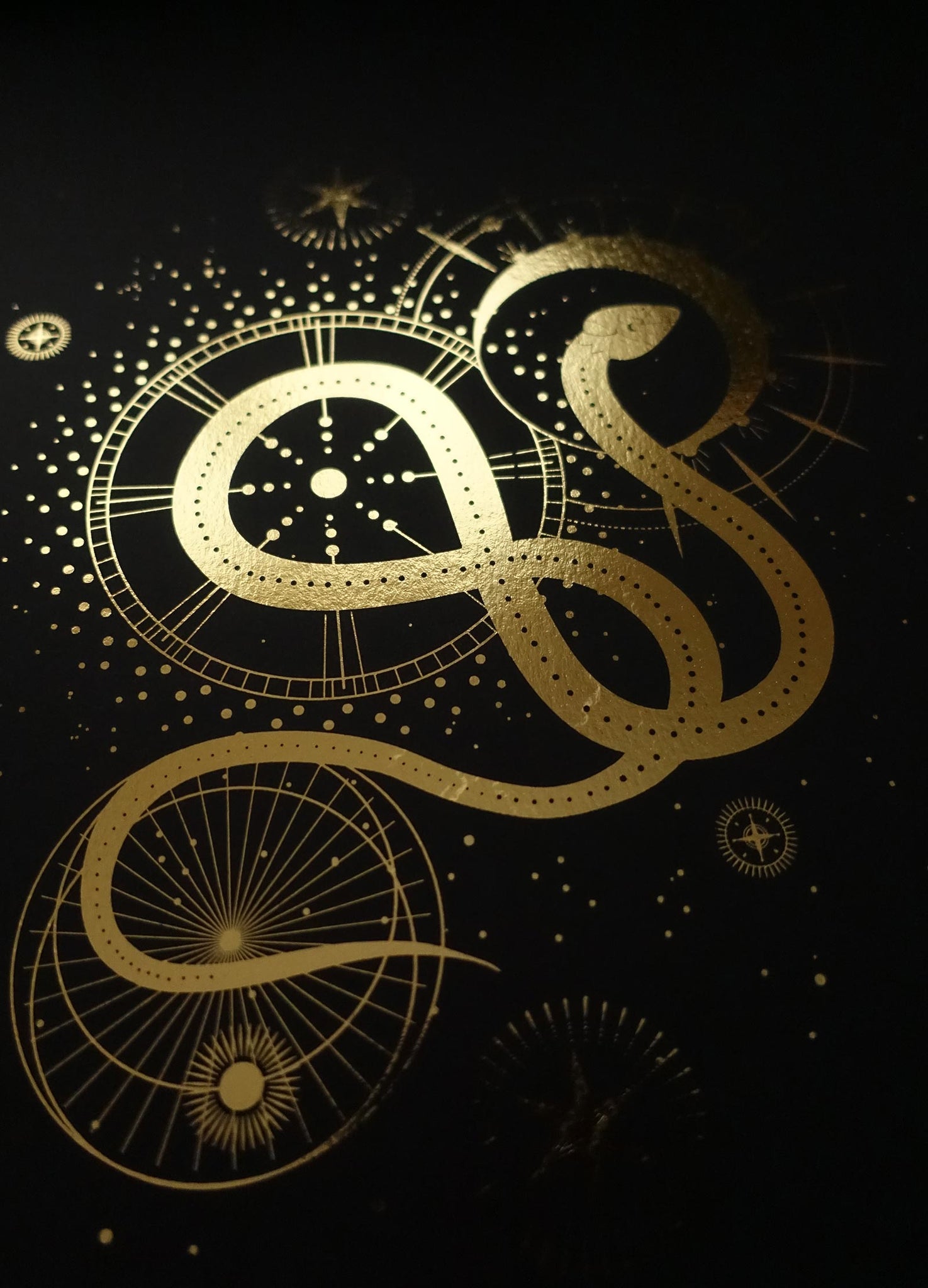 Sacred Snake art print in gold foil and black paper with stars and moon by Cocorrina
