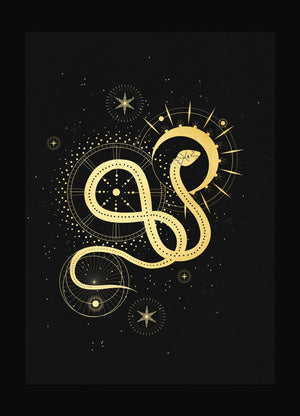 Sacred Snake art print in gold foil and black paper with stars and moon by Cocorrina