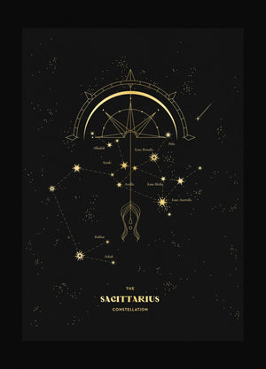 Sagittarius Zodiac Constellation gold foil on black paper by Cocorrina & Co