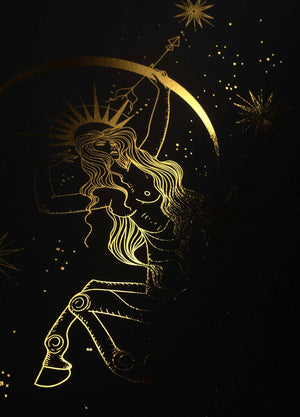 Sagittarius Goddess gold foil art print on black paper by Cocorrina & Co Design studio and shop