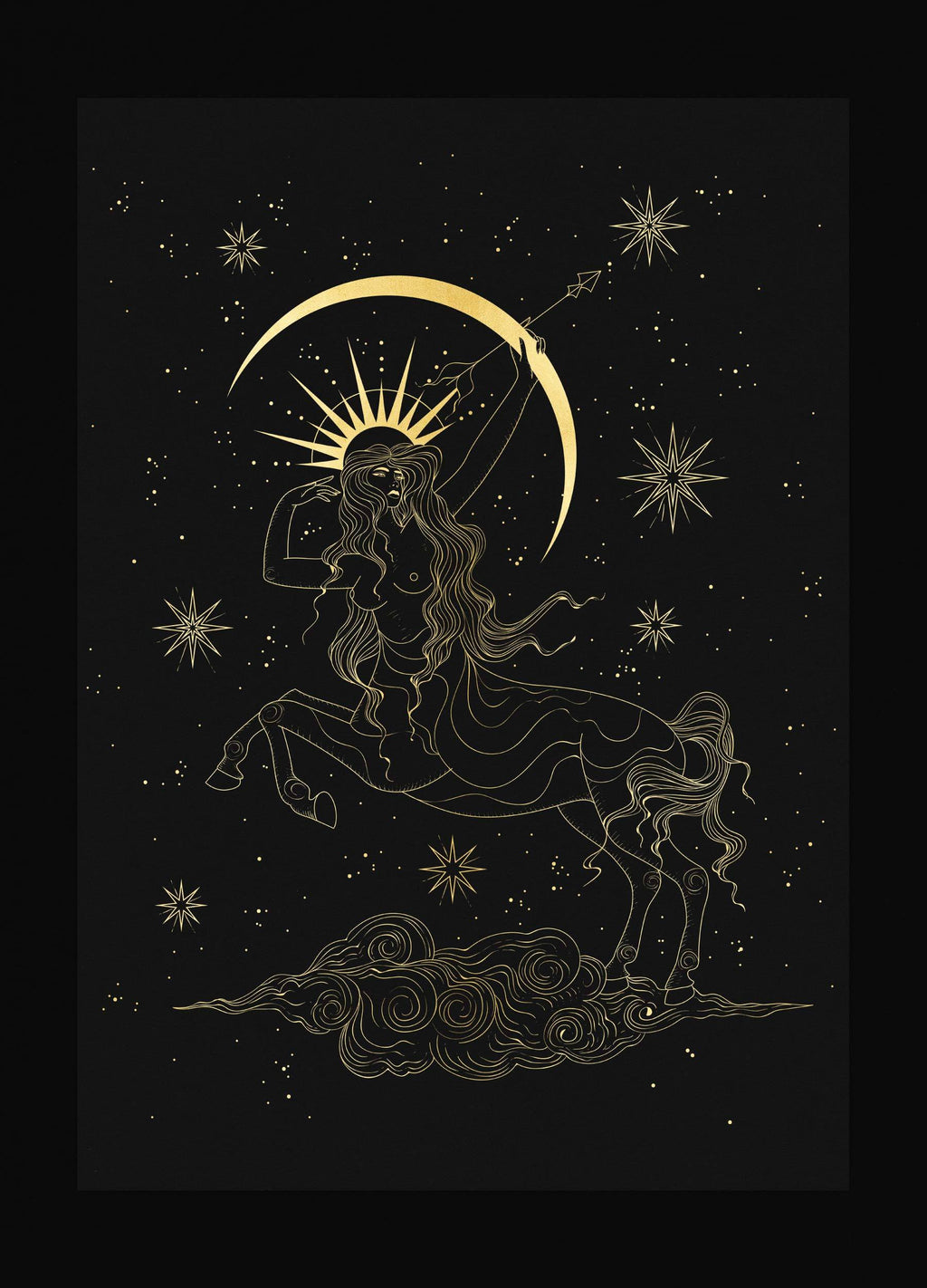Sagittarius Goddess gold foil art print on black paper by Cocorrina & Co Design studio and shop