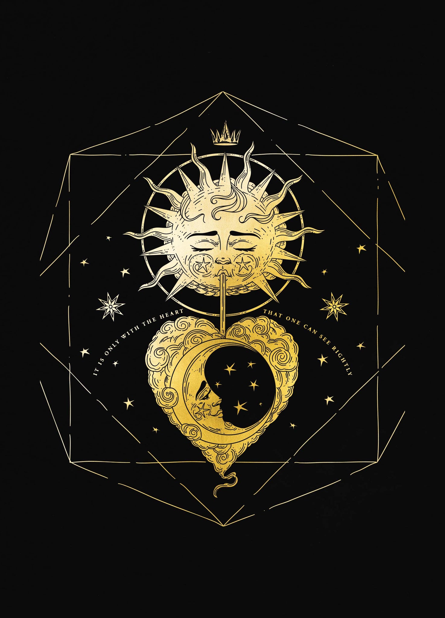 See with the heart sun blows kiss to the moon gold foil art print on black paper by Cocorrina & Co