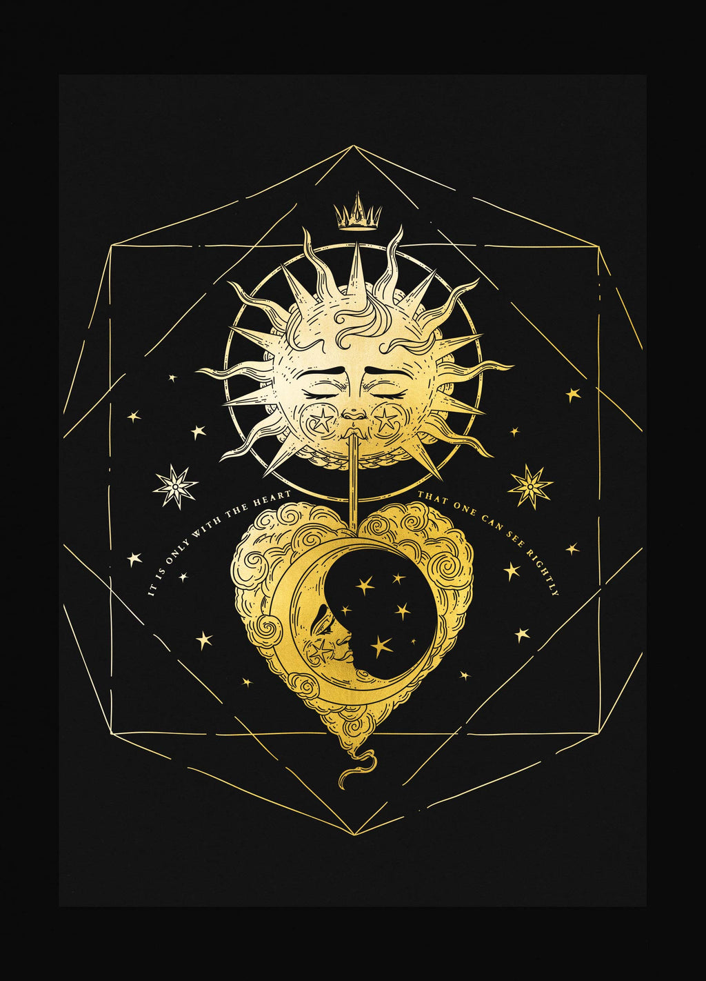 See with the heart sun blows kiss to the moon gold foil art print on black paper by Cocorrina & Co