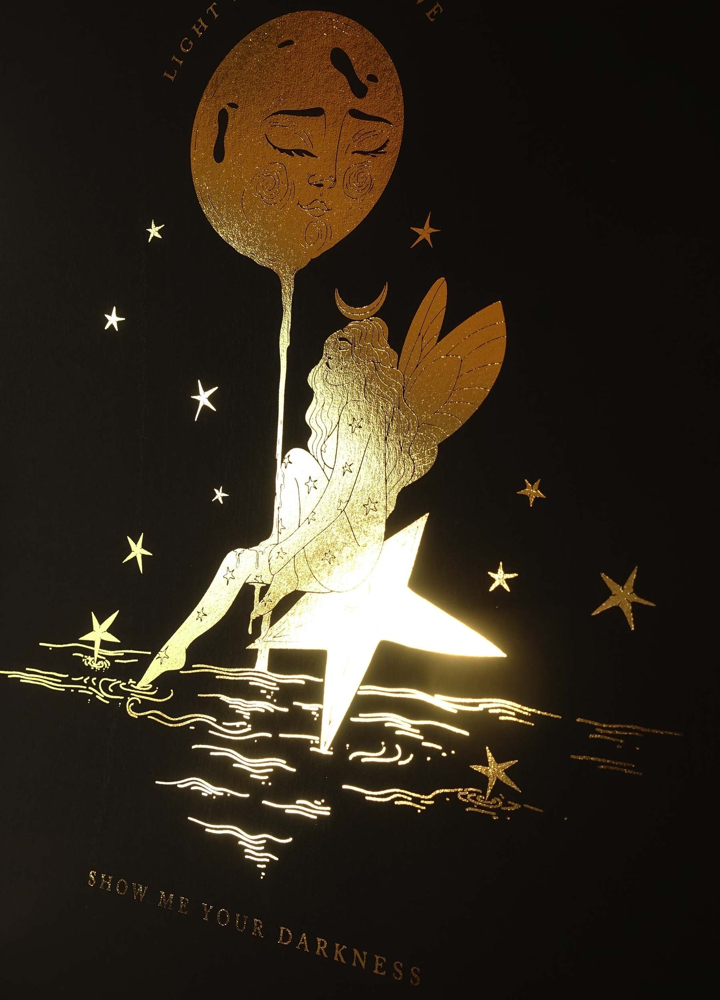 Show me your Darkness Moon and fairy gold foil art print on black paper by Cocorrina & Co