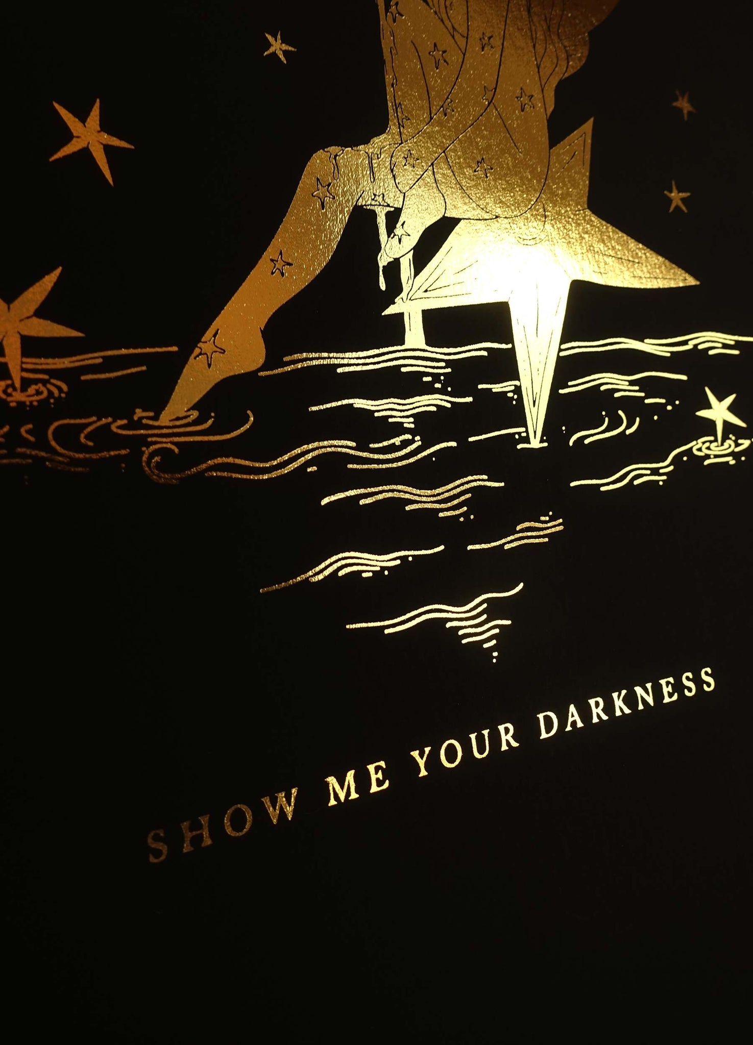Show me your Darkness Moon and fairy gold foil art print on black paper by Cocorrina & Co