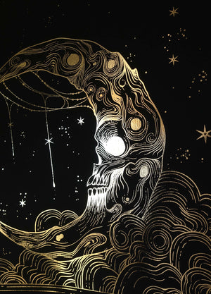 Skull Moon Samhain Print in gold foil on black paper by Cocorrina & Co