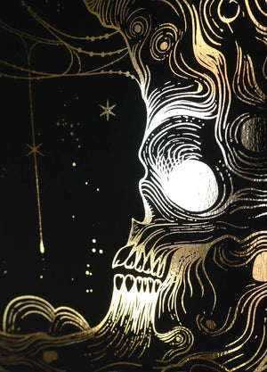 Skull Moon Samhain Print in gold foil on black paper by Cocorrina & Co