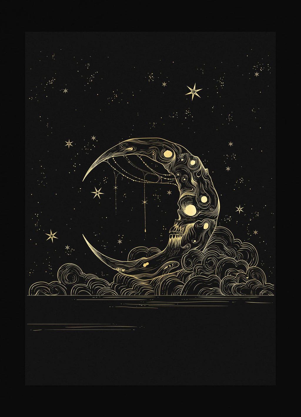 Skull Moon Samhain Print in gold foil on black paper by Cocorrina & Co