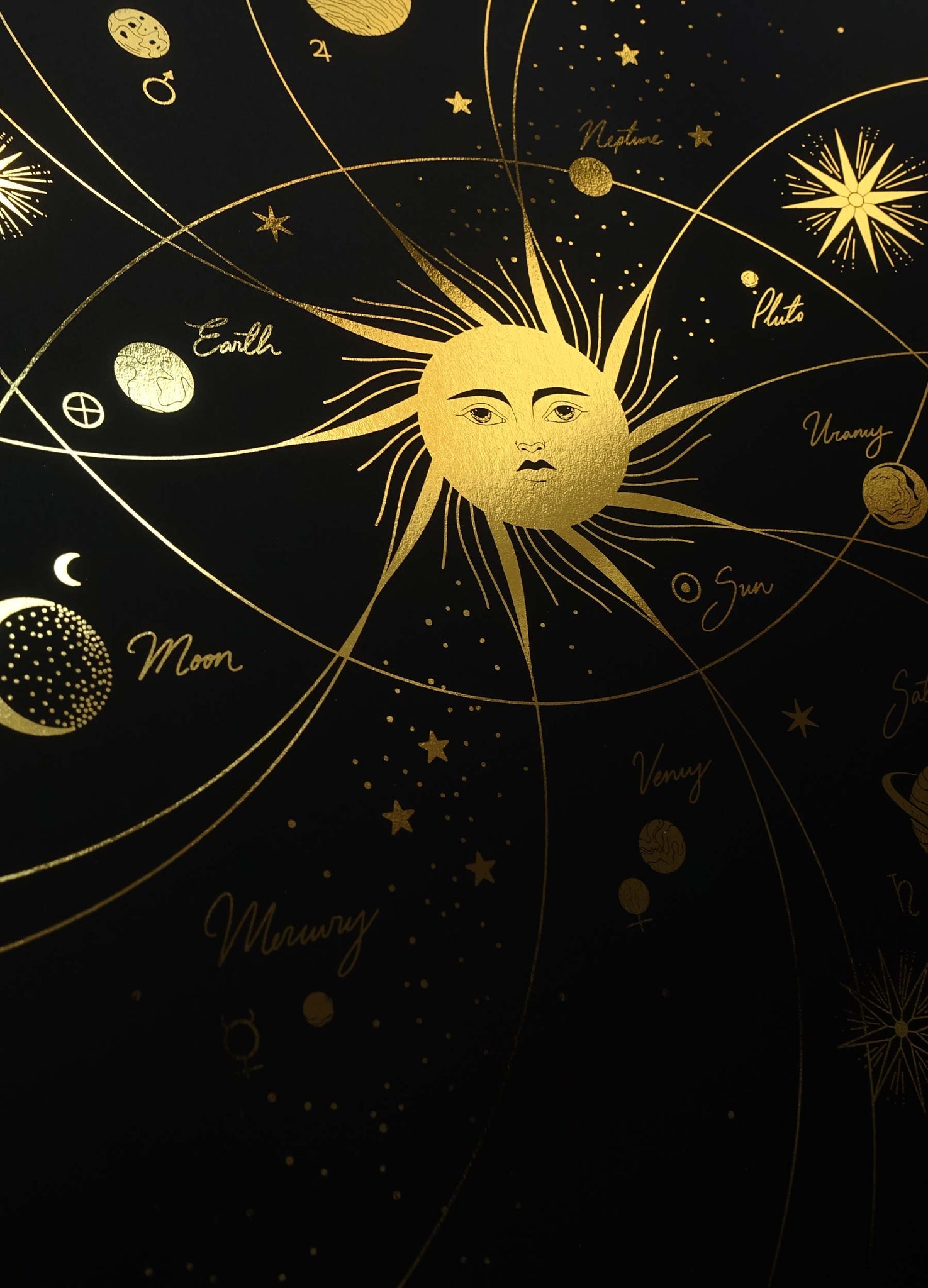 Solar System gold foil art print on black paper by Cocorrina & Co
