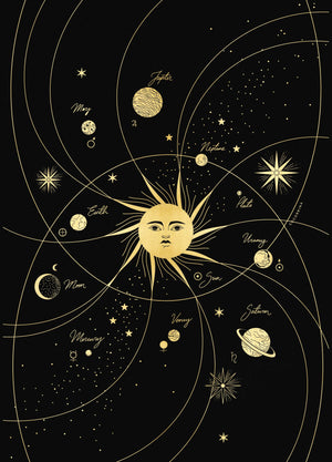 Solar System gold foil art print on black paper by Cocorrina & Co