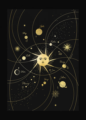 Solar System gold foil art print on black paper by Cocorrina & Co