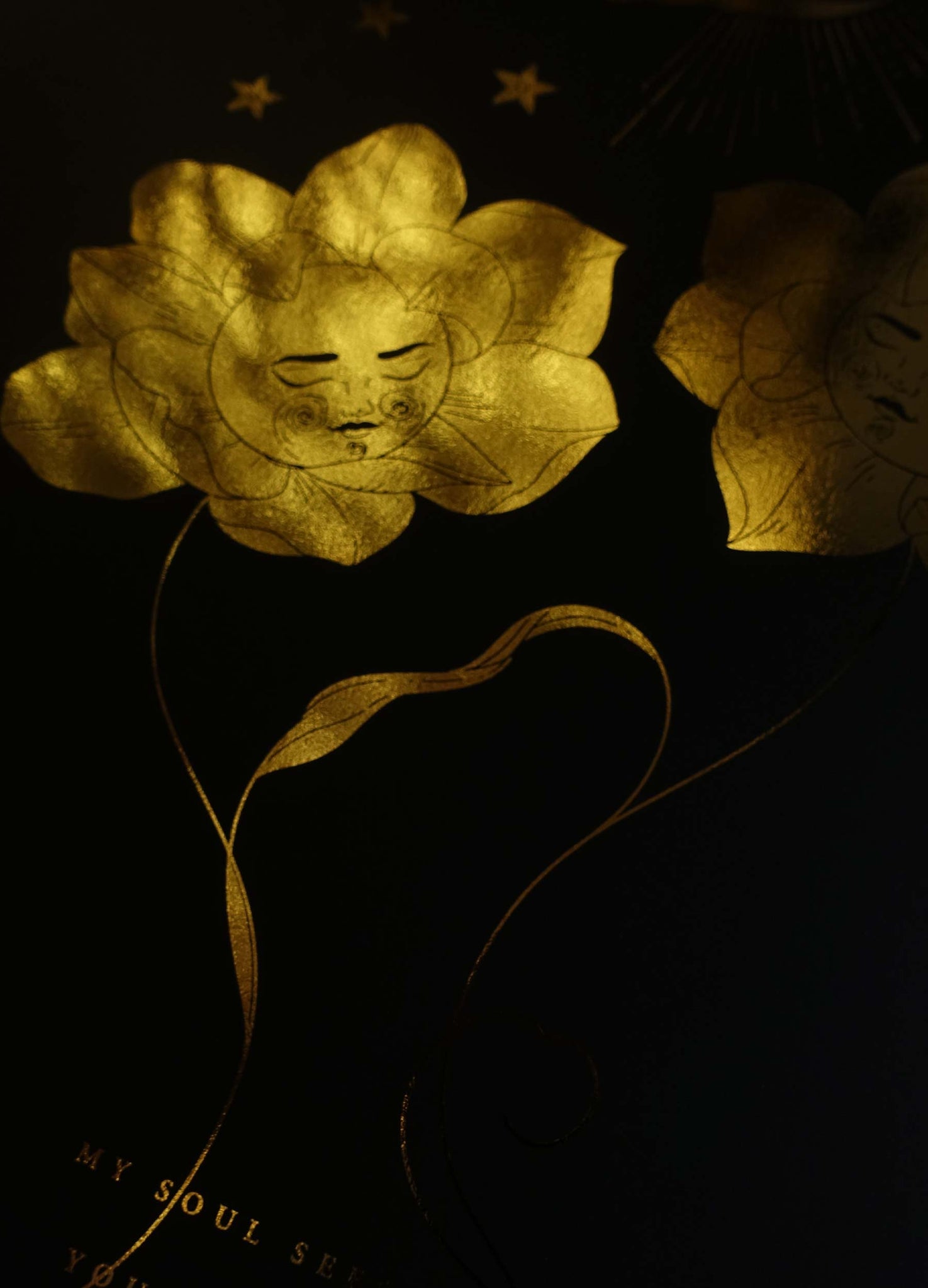 Soul Flowers gold foil on black paper art print by Cocorrina & Co