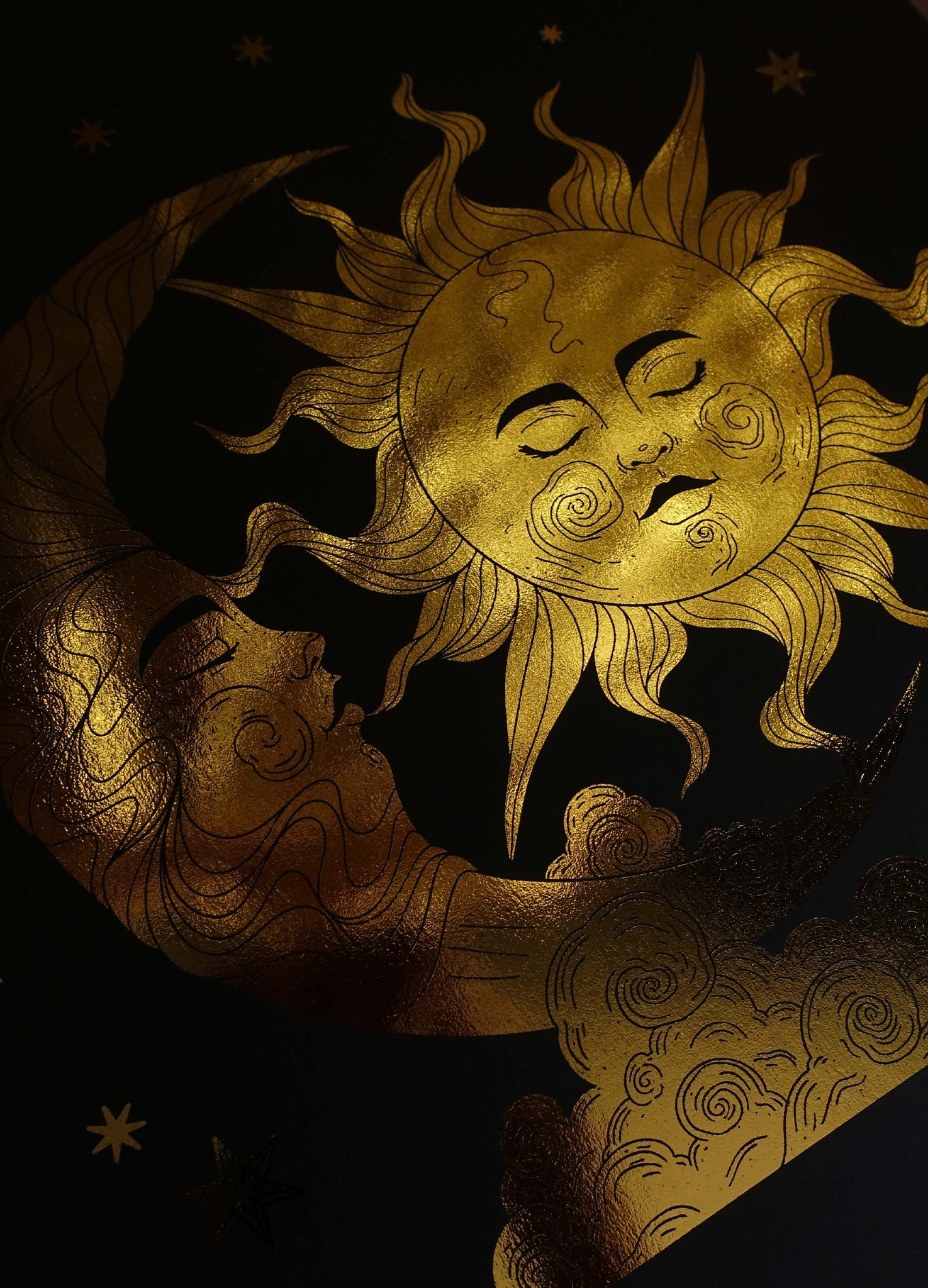 Sun and Moon soulmates gold foil on black paper art print by Cocorrina & Co