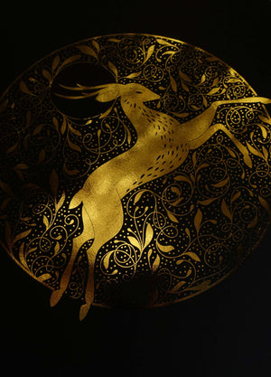 Stag Patronus illustration in gold foil on black paper art print by Cocorrina & Co