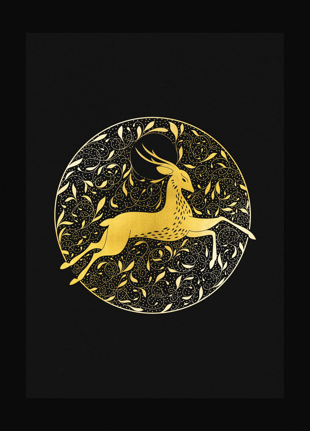 Stag Patronus illustration in gold foil on black paper art print by Cocorrina & Co