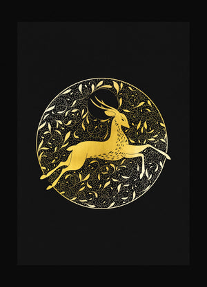 Stag Patronus illustration in gold foil on black paper art print by Cocorrina & Co