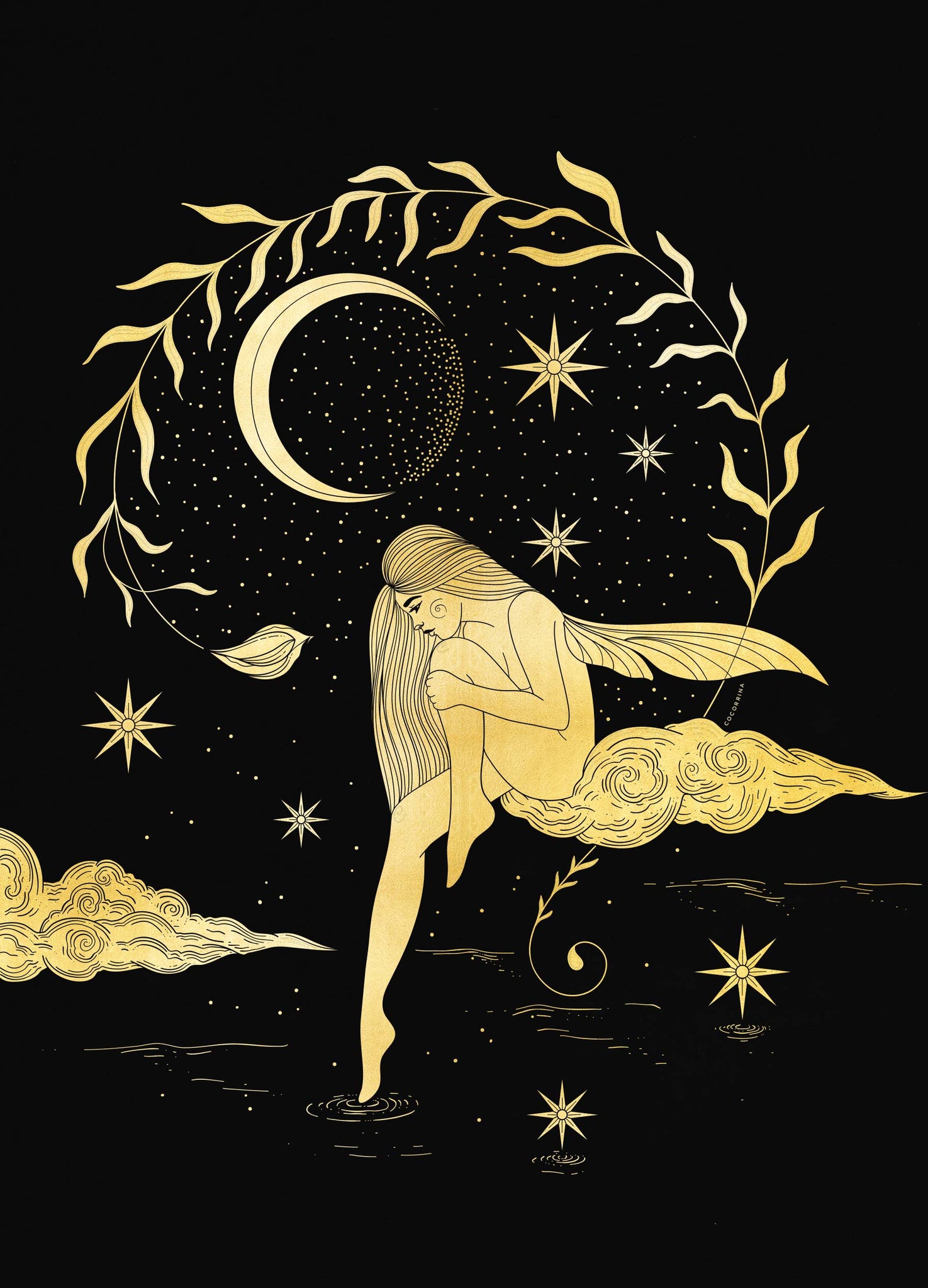Star Fairy gold foil art print on black paper by Cocorrina & Co