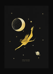 Start flying cosmic illustration gold foil on black paper art print by Cocorrina & Co