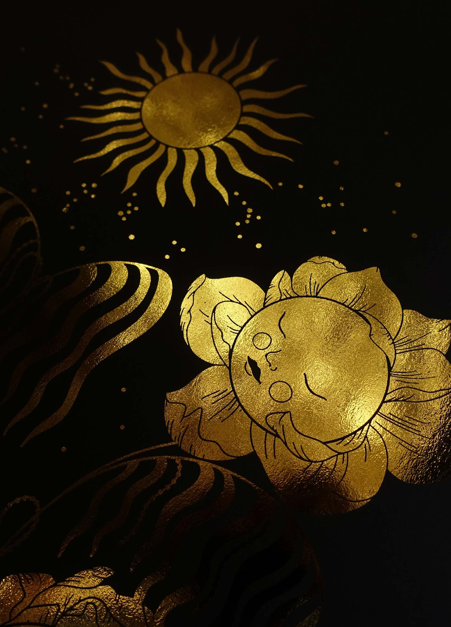 Sun flowers cosmic illustration with moon gold foil on black paper art print by Cocorrina & Co
