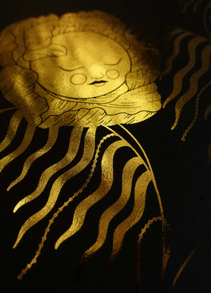 Sun flowers cosmic illustration with moon gold foil on black paper art print by Cocorrina & Co