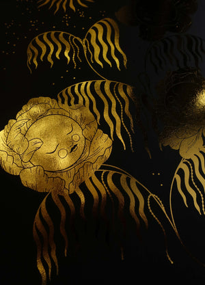 Sun flowers cosmic illustration with moon gold foil on black paper art print by Cocorrina & Co