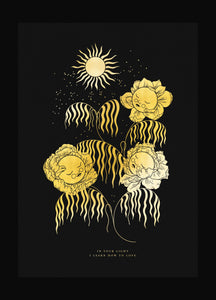 Sun flowers cosmic illustration with moon gold foil on black paper art print by Cocorrina & Co