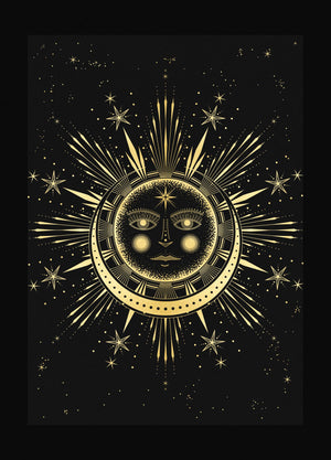 Sun Moon Affair art print in gold foil and black paper with stars and moon by Cocorrina