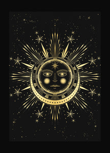 Sun Moon Affair art print in gold foil and black paper with stars and moon by Cocorrina