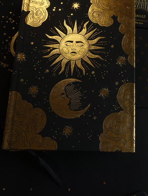 Sun & Moon gold and black journal with gold foil and blank pages by Cocorrina & Co shop 