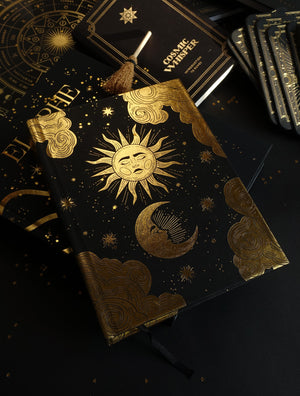 Sun & Moon gold and black journal with gold foil and blank pages by Cocorrina & Co shop 