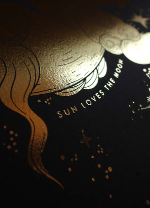When the Sun Kissed the Moon Gold foil art print on black paper by Cocorrina & Co Studio and Shop