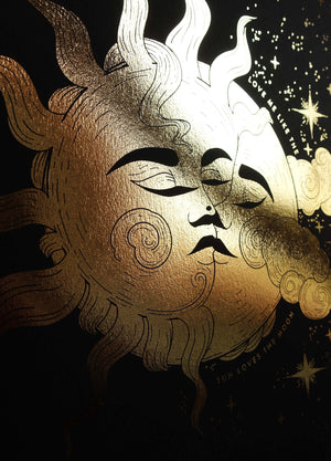 When the Sun Kissed the Moon Gold foil art print on black paper by Cocorrina & Co Studio and Shop