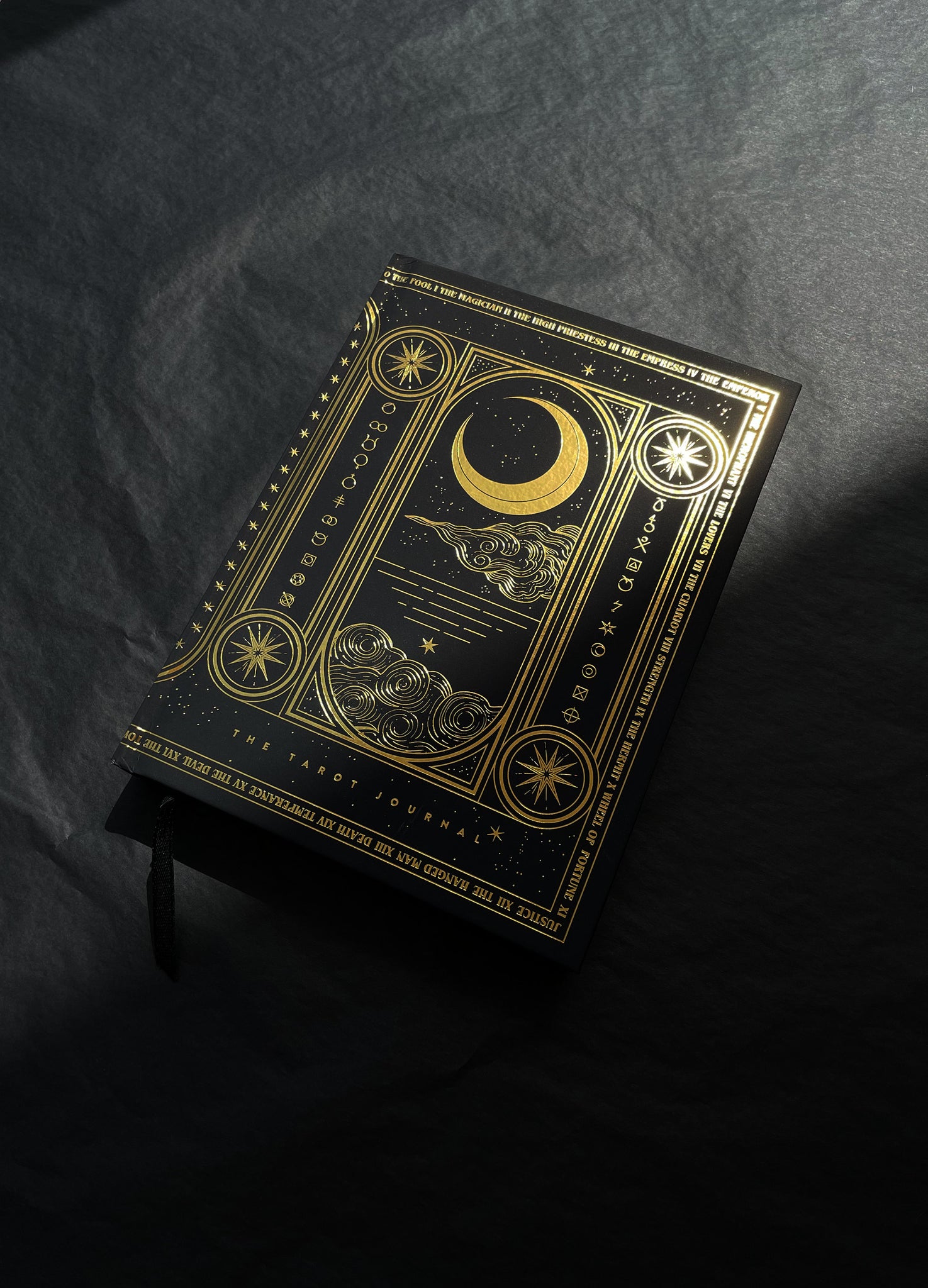 Tarot Journal for readings, runes and oracles, gold foil with black hardcover, with a sun and moon, by Cocorrina & Co